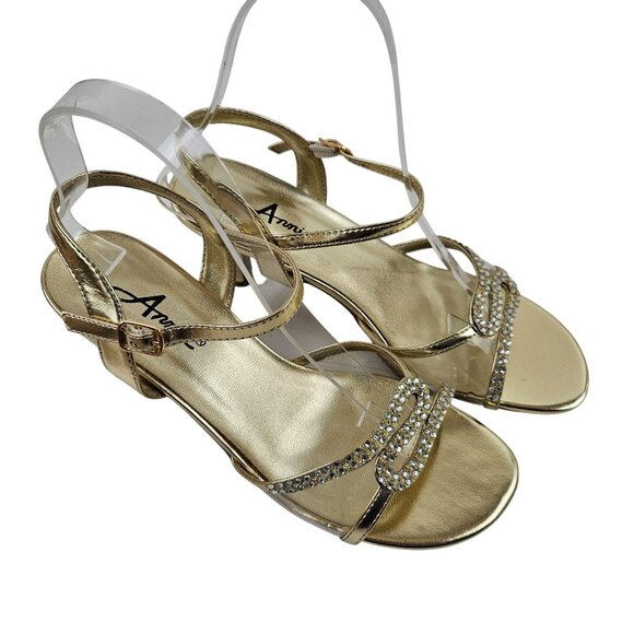 Annie Sandals Womens Size 7.5M Sonja Gold Rhinestone Strap Kitten Heels - Picture 1 of 8